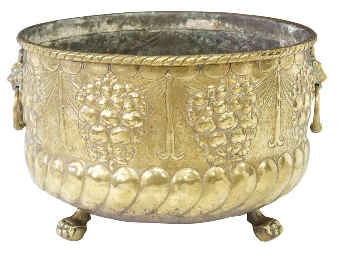 ENGLISH VICTORIAN LION MASK REPOUSSE BRASS PLANTER (1 of 3)