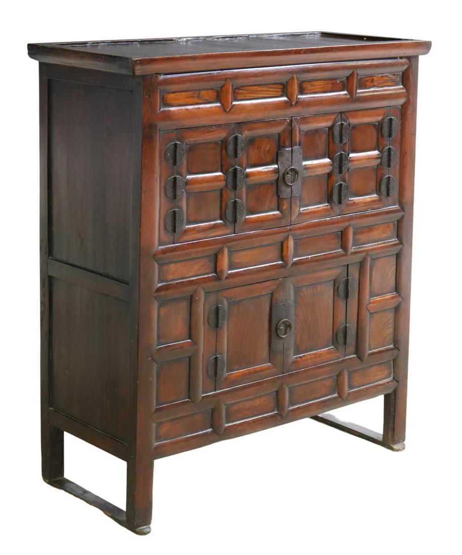 CHINESE PANELED WOOD CABINET WITH BIFOLD DOORS (1 of 5)