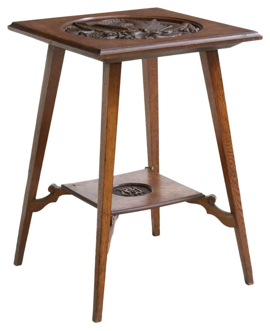 BRITISH ARTS & CRAFTS CARVED OAK 2-TIER SIDE TABLE (1 of 4)
