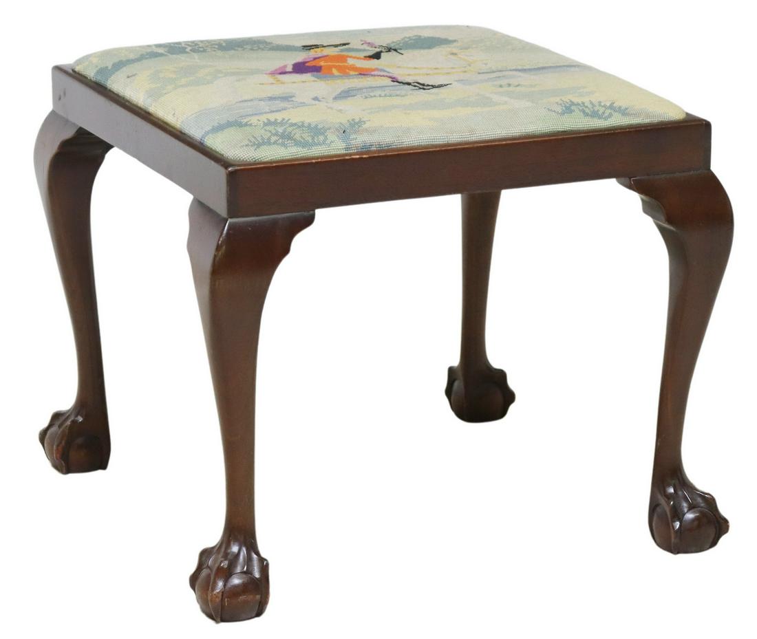 ENGLISH KNIGHT ON HORSE NEEDLEPOINT MAHOGANY STOOL (1 of 4)