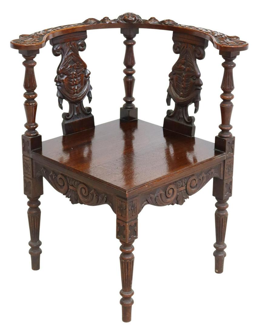VICTORIAN CARVED OAK GROTESQUE MASK CORNER CHAIR (1 of 3)