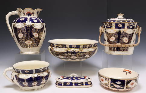 (6) ENGLISH KEA IMARI PALETTE IRONSTONE WASH SET: (lot of 6) English ironstone wash set, marked KEA underfoot, in an Imari palette with gilt accents, including: (1) lidded toothbrush holder, approx 3.25"h, 8.75"w, 3"d; (1) handled slop jar, approx