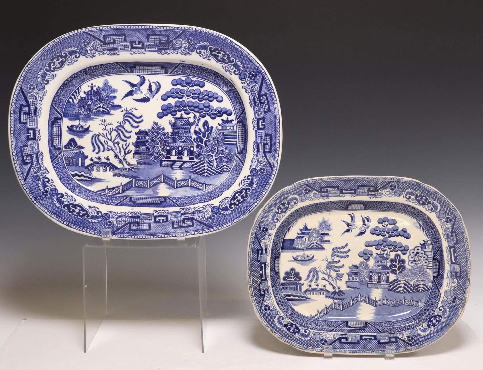 (2) ENGLISH STAFFORDSHIRE BLUE WILLOW PLATTERS (1 of 4)
