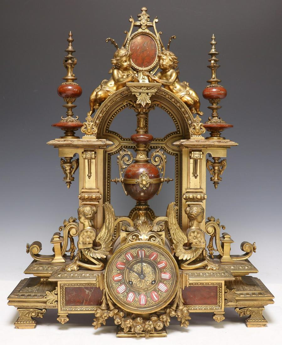 FRENCH DORE BRONZE & RED MARBLE PORTICO CLOCK (1 of 7)