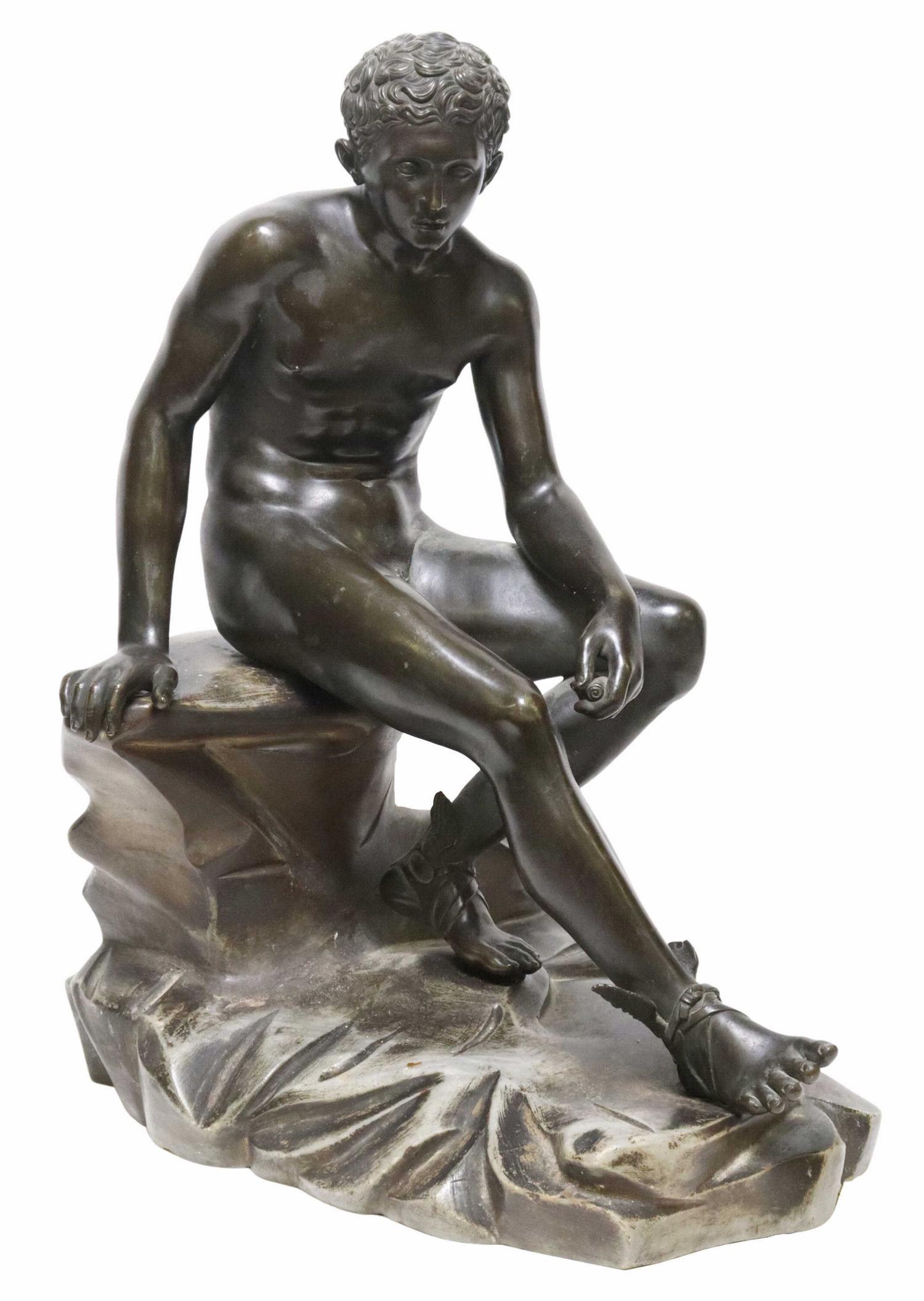 GRAND TOUR STYLE BRONZE & STONE SCULPTURE SEATED HERMES (1 of 10)