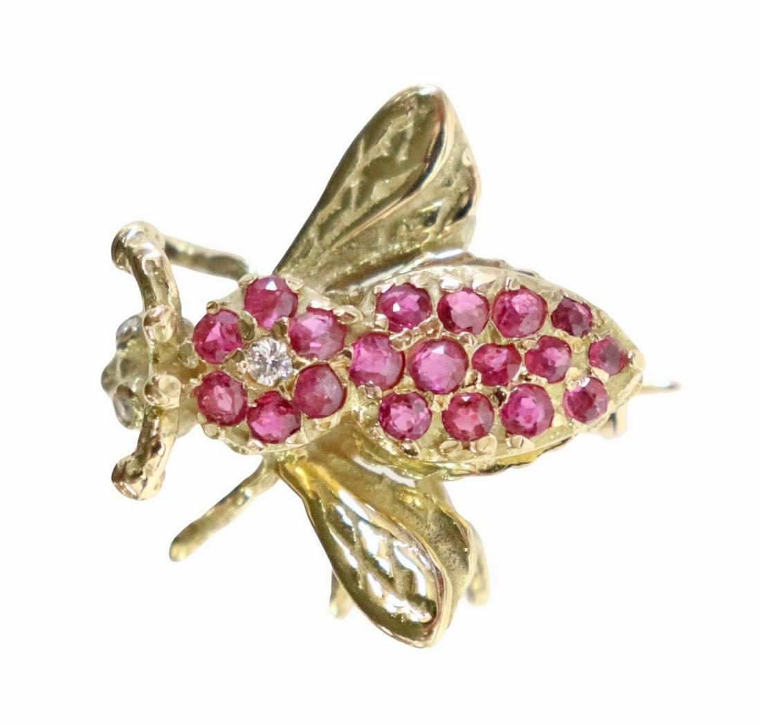 ESTATE 14KT YELLOW GOLD RUBY & DIAMOND BEE BROOCH (1 of 3)