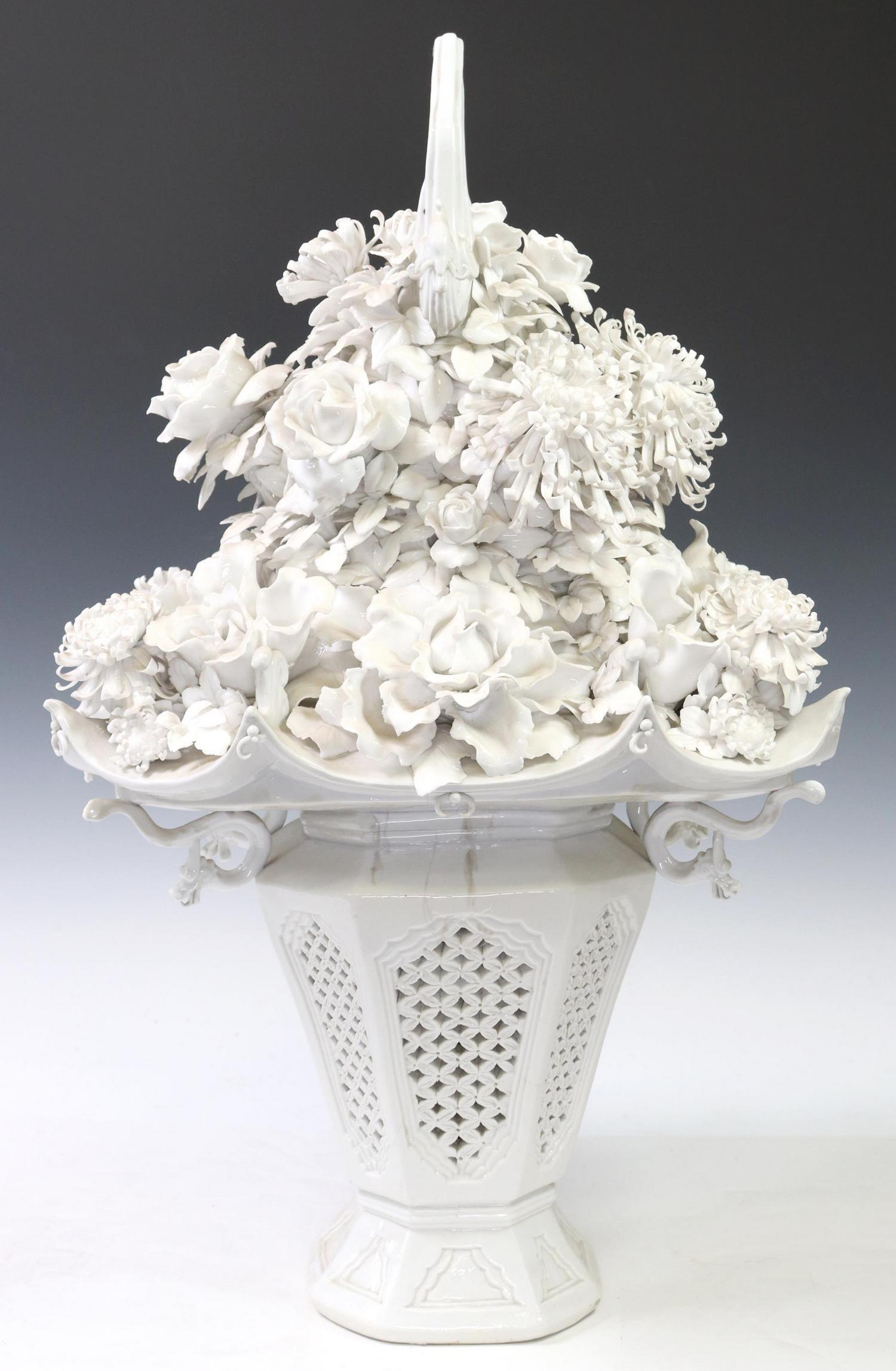 BLANC DE CHINE PORCELAIN FLOWER BASKET, 26.25"H (1 of 4)