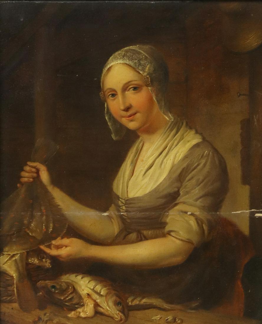 FRAMED OIL PAINTING ON PANEL WOMAN WITH FISH: Framed oil on wood panel painting, Woman Cleaning Fish, horizontal split at lower center of panel, cradle bracing verso, sight: approx 12.25"h, 10"w, overall: 18.25"h, 16"w, 5lbs **Provenance: From th