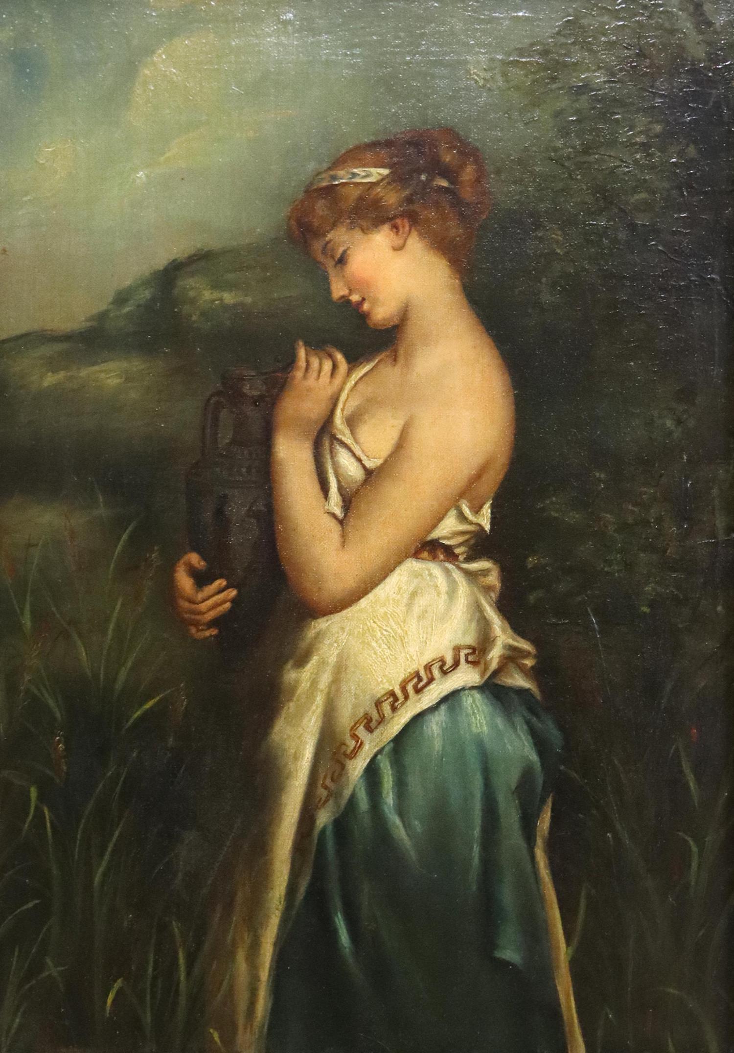 AFTER ROBERT JULIUS BEYSCHLAG PSYCHE WITH AN URN: Framed oil on canvas painting, now laid on Masonite, Psyche with an Urn, after Robert Julius Beyschlag (German, 1838-1903), sight: approx 19.25"h, 13.25"w, overall: 25.5"h, 19.5"w, 7.25lbs **Provenanc