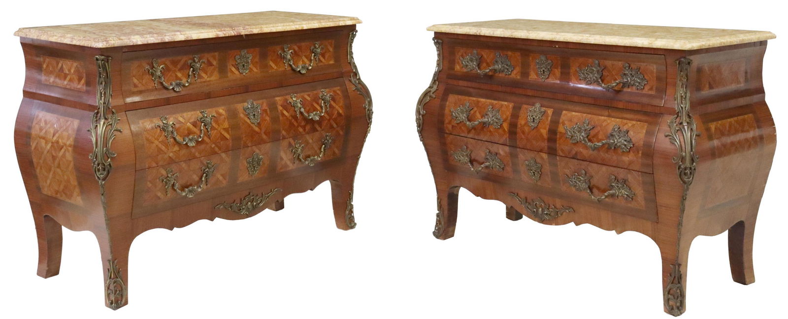 (2) FRENCH LOUIS XV STYLE PARQUETRY BOMBE COMMODES (1 of 5)