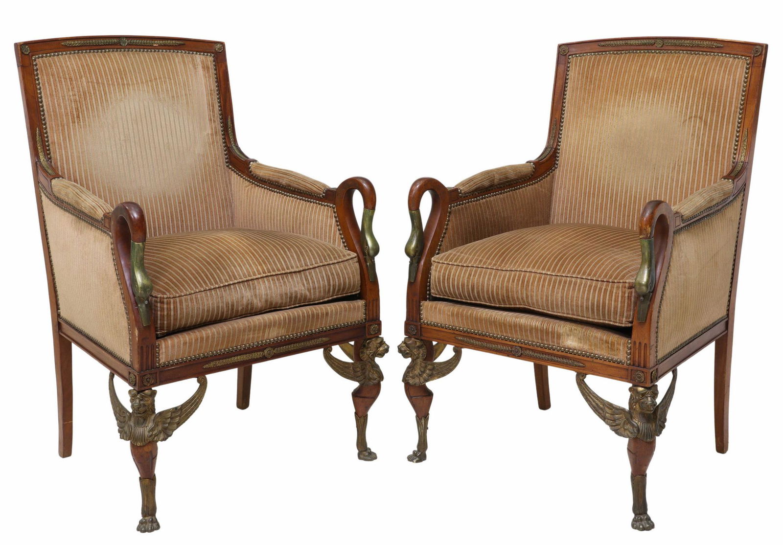 2) FRENCH EMPIRE STYLE SWAN-FORM MAHOGANY BERGERES (1 of 4)