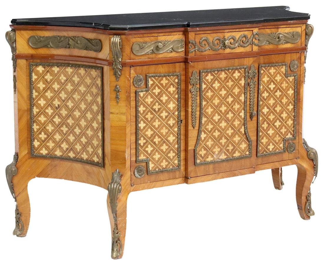LOUIS XV STYLE MARBLE-TOP PARQUETRY CABINET: Louis XV style marble-top cabinet, 20th c., three frieze drawers, over three cabinet doors accented with parquetry inlay, rising on cabriole legs with bronze mounts, ending in sabots, approx 33.5"h, 5
