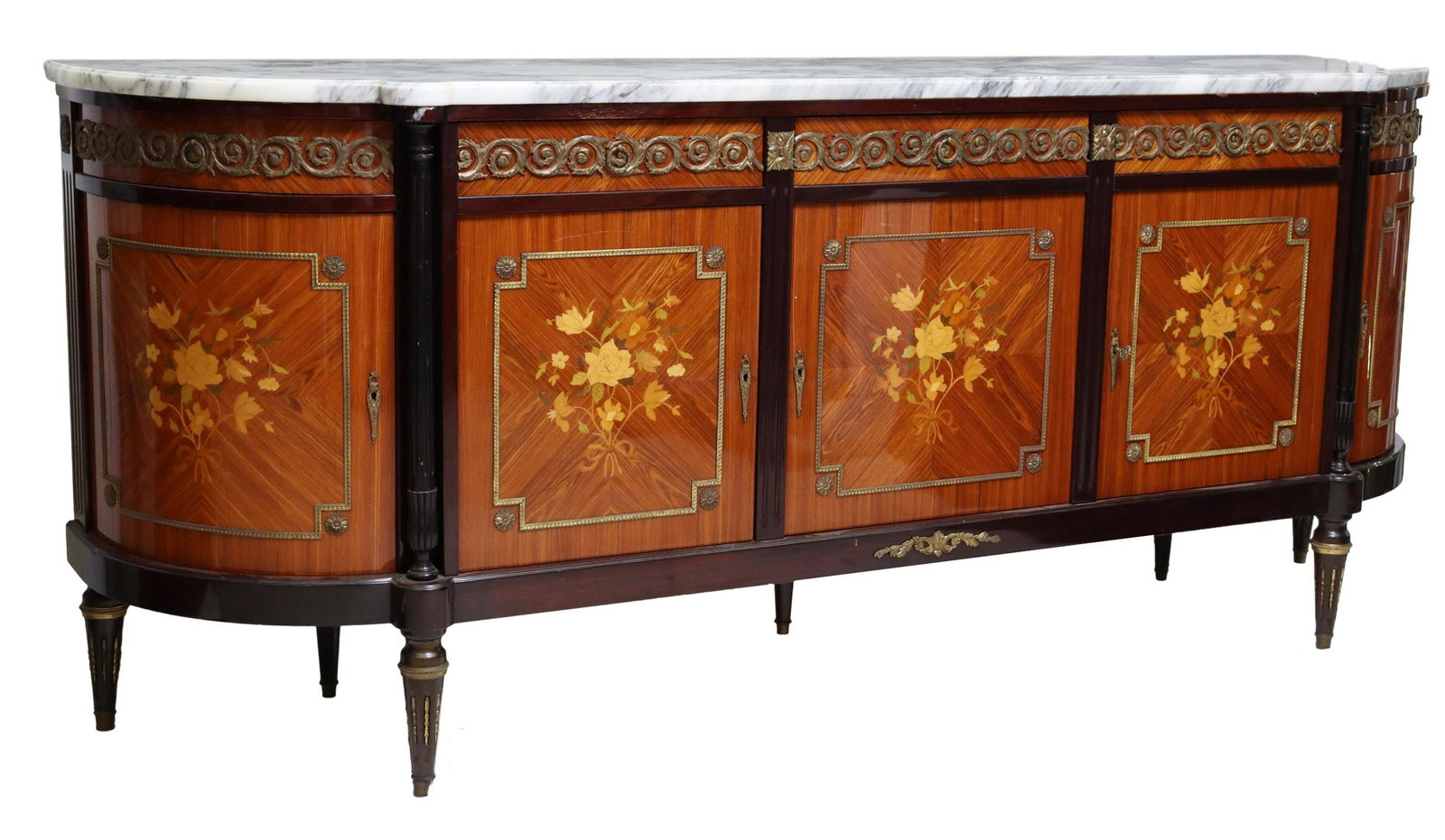 FRENCH LOUIS XVI STYLE MARBLE-TOP SIDEBOARD: French Louis XVI style marble-top sideboard, 20th c., case with curved ends, fitted with five drawers, over five cabinet doors accented with floral marquetry, rising on tapering fluted legs, interior 