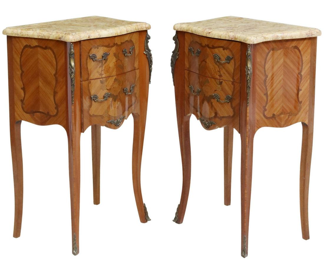 (2) FRENCH LOUIS XV STYLE MARBLE-TOP NIGHTSTANDS: (lot of 2) French Louis XV style marble-top nightstands, 20th c., two drawers with floral marquetry, rising on cabriole legs, ending in front sabots, approx 29"h, 17.75"w, 12.25"d Start Price: $200.00