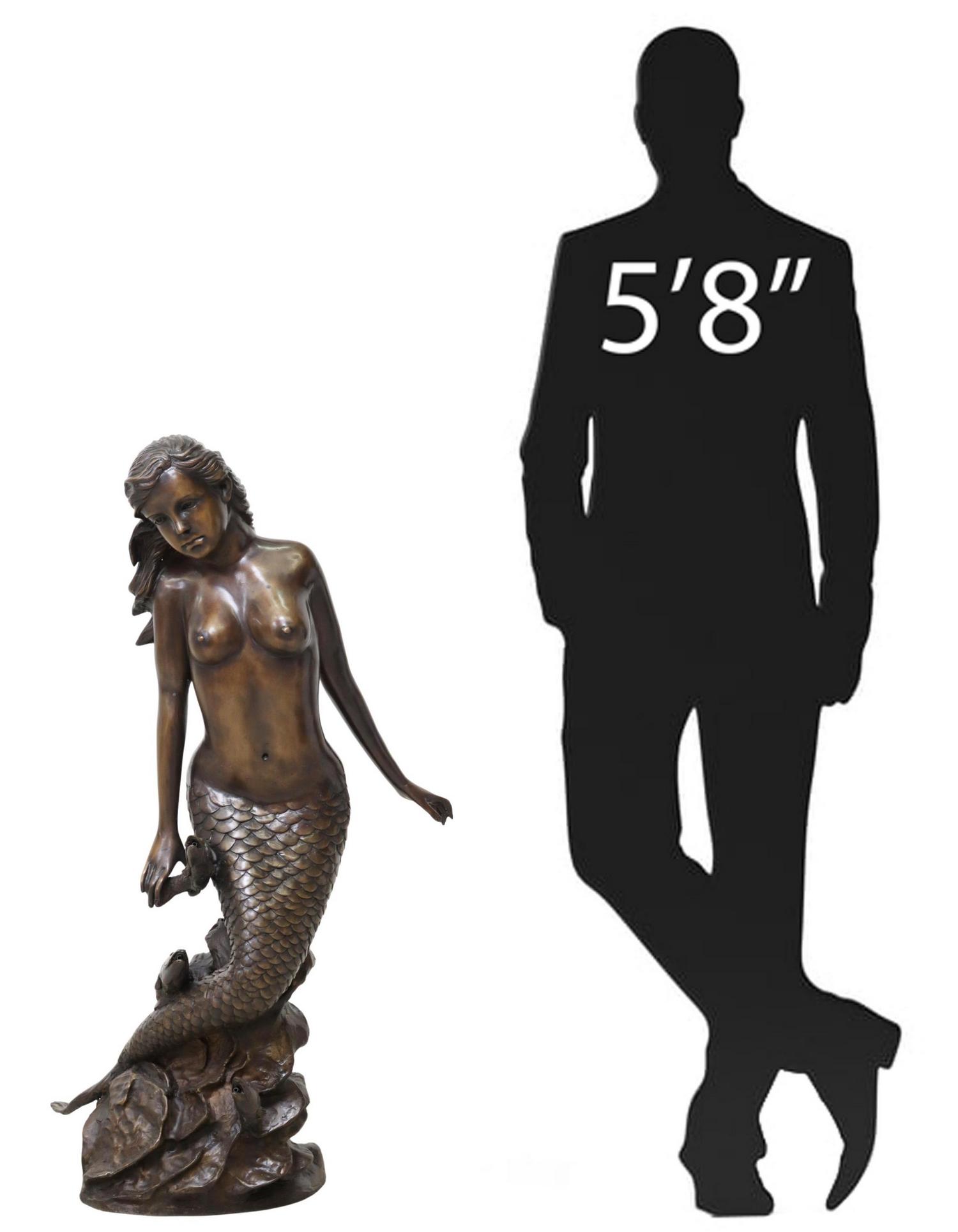 BRONZE GARDEN FOUNTAIN, MERMAID & FISH, 40"H: Bronze fountain sculpture of a mermaid, standing in the sea on a rocky base, the fish plumbed as a fountain, approx 40"h, 18"w, 11.5"d Start Price: $700.00
