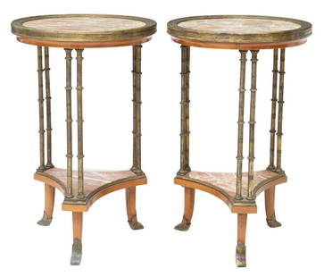 (2) FRENCH BRONZE MARBLE-TOP GUERIDONS: (lot of 2) French Neoclassical side tables, in the manner of Adam Weisweiler (1744-1820), late 19th/ early 20th c., inset marble tops with bronze banding, three sets of ringed supports, medial tier, r