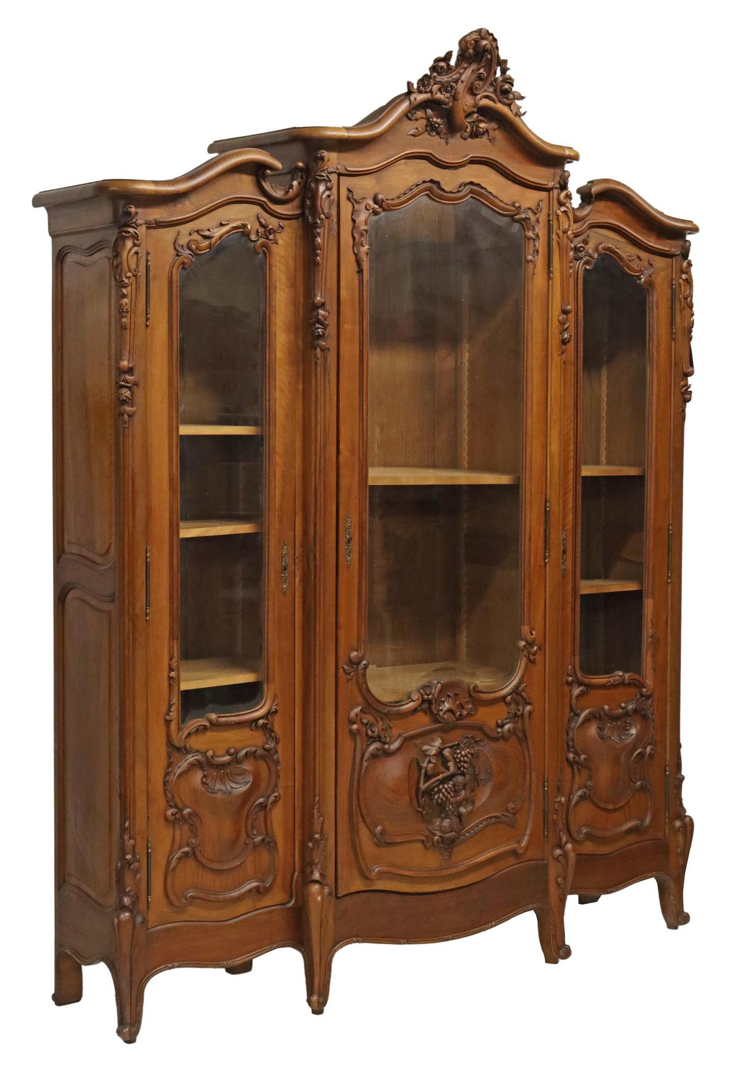 FRENCH LOUIS XV STYLE WALNUT & GLASS BOOKCASE (1 of 4)