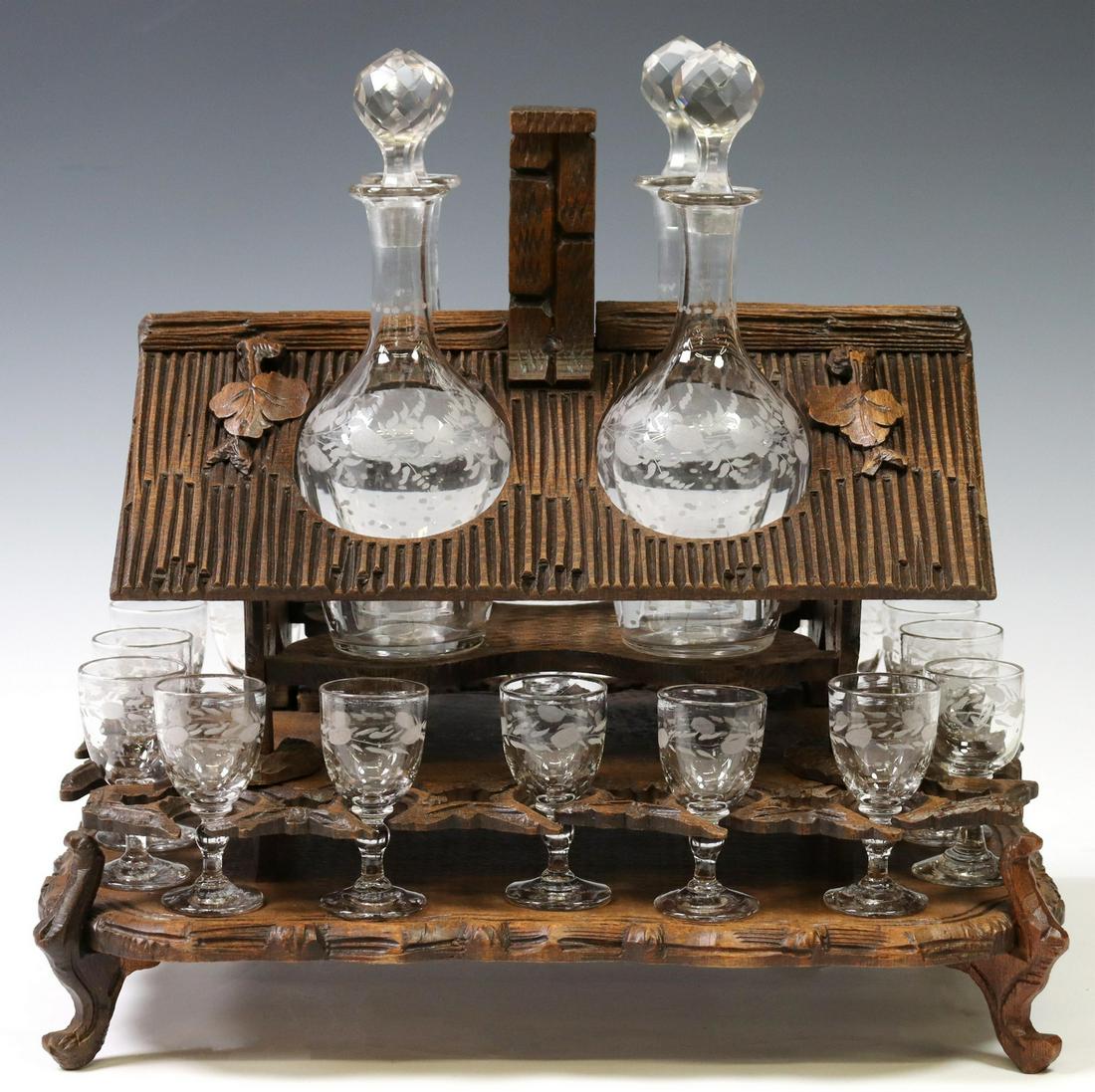 BLACK FOREST CARVED CABIN LIQUEUR SET (1 of 6)