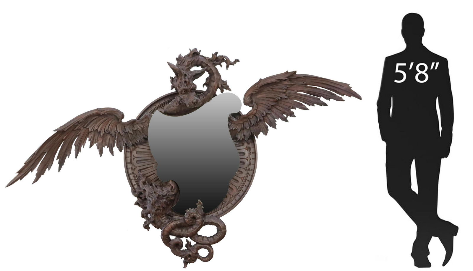 MONUMENTAL CARVED WOOD DRAGON MIRROR, 63"H, 94"W (1 of 4)