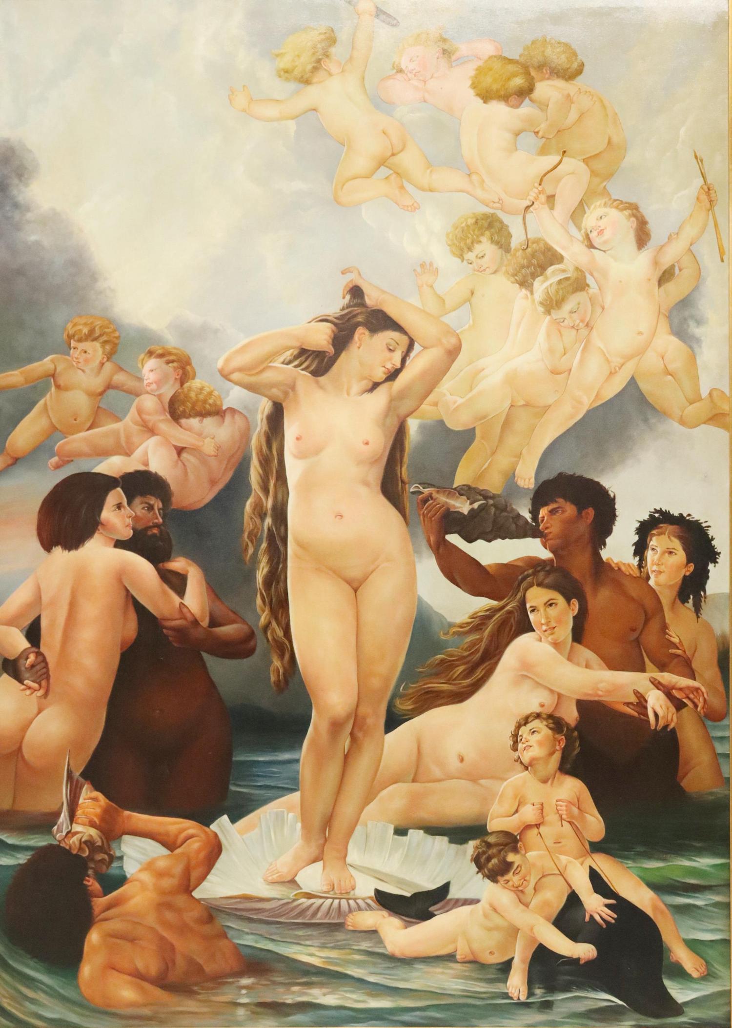 MONUMENTAL OIL PAINTING THE BIRTH OF VENUS: Framed oil on canvas painting, The Birth of Venus, sight: approx 79.25"h, 56.5"w, overall: 88.25"h, 65.5"w, 46lbs **Provenance: From an important Guadalajara, Mexico Estate** Start Price: $600.00