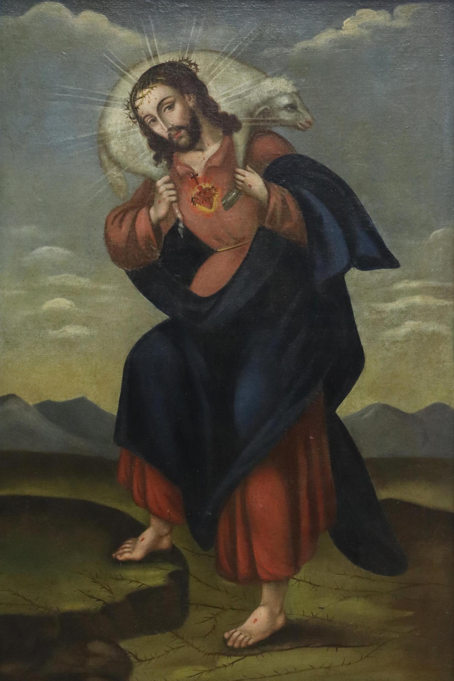 SPANISH COLONIAL PAINTING CHRIST THE GOOD SHEPHERD (1 of 3)