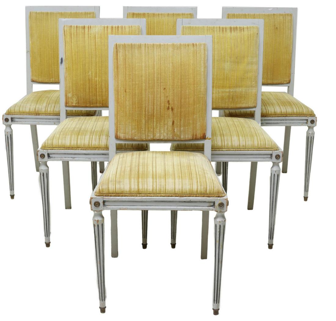 (6) FRENCH LOUIS XVI STYLE PAINTED DINING CHAIRS: (lot of 6) French Louis XVI style side chairs, 20th c., painted frame, upholstered square back and seat, rising on tapering fluted legs, staining to upholstery, paint loss, approx 35.5"h, 18"w, 19"d, 