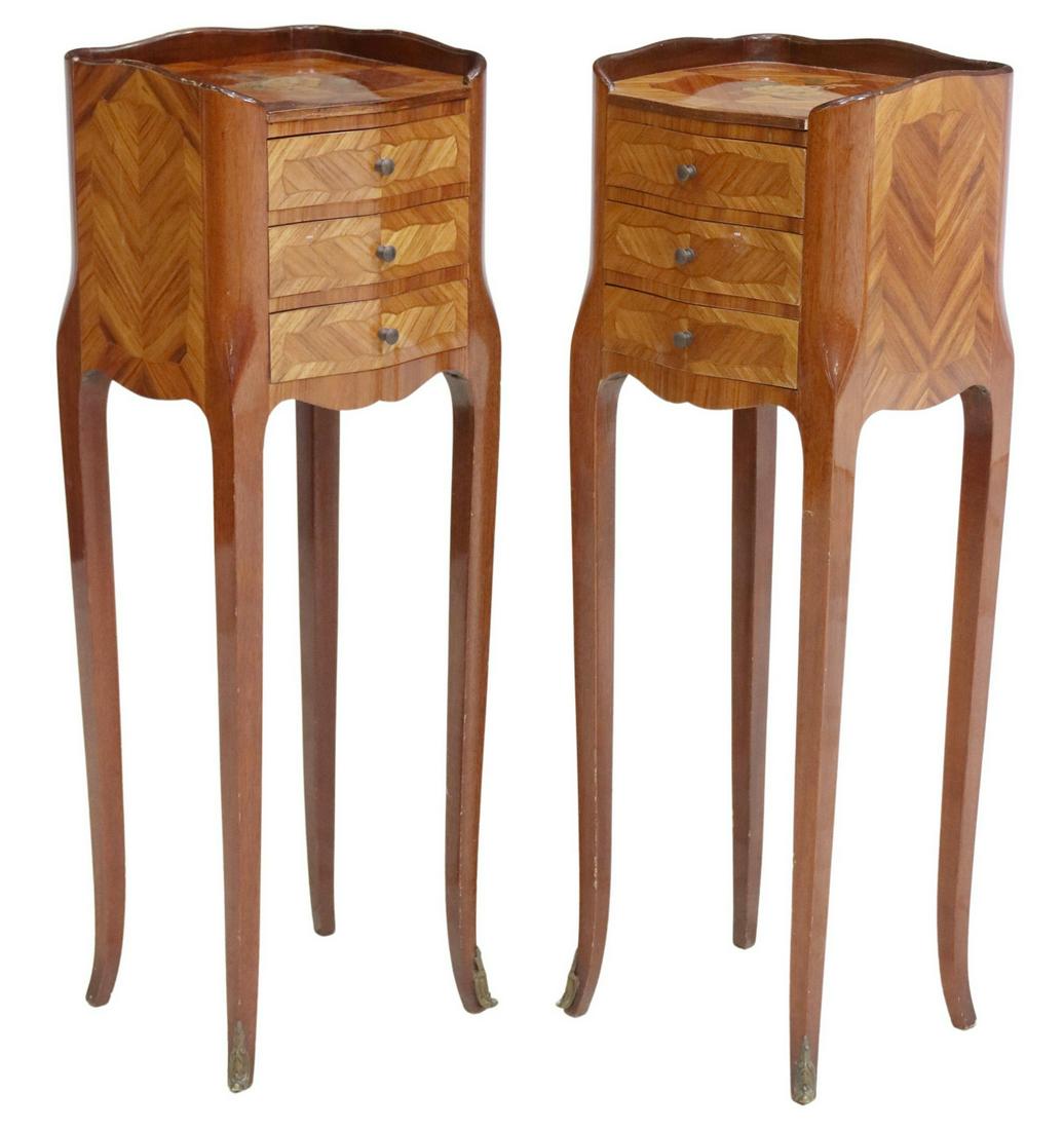 (2) FRENCH LOUIS XV STYLE MARQUETRY NIGHTSTANDS: (pair) French Louis XV style matched veneer nightstands, late 19th c., having shaped top with floral marquetry, over three drawers, rising on cabriole legs, ending on sabots, approx 29"h, 9.5"w, 9"d S