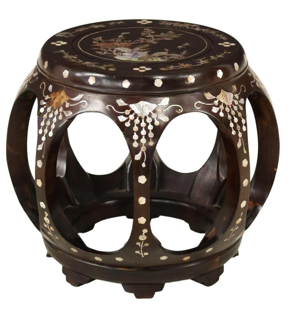 CHINESE BARREL-FORM MOP INLAID HARDWOOD STOOL (1 of 6)