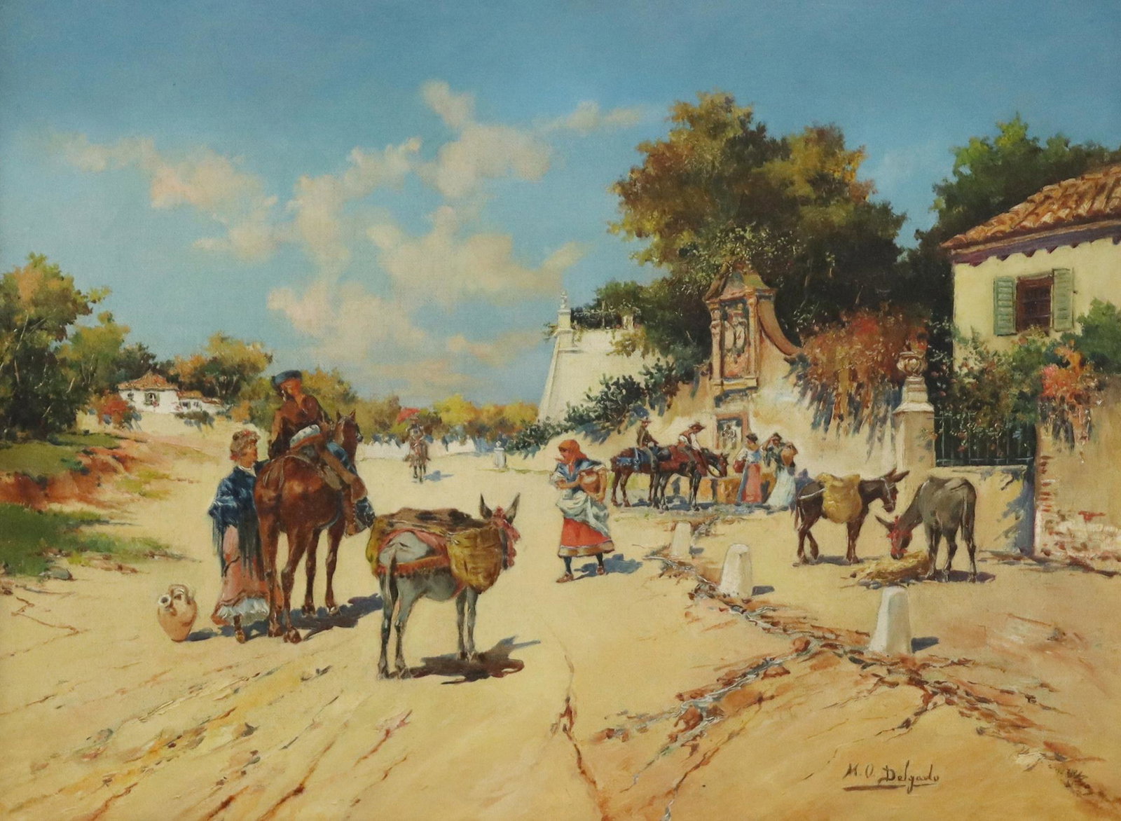 MARIANO DELGADO (D.1911) O/C ESCUELA ESPANOLA: Framed oil on canvas painting, Escuela Espanola, signed lower right M.O. Delgado (Mariano Obiols Delgado, Spanish, 1860-1911), sight: approx 15.25"h, 20.25"w, overall: approx 24.5"h, 29.25"w, 12.75lbs