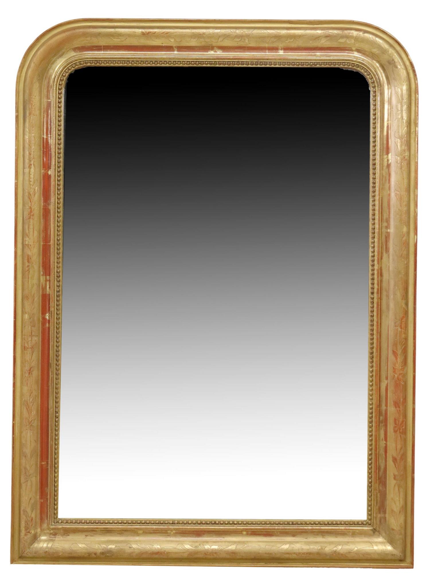 FRENCH LOUIS PHILIPPE GILTWOOD MIRROR, 50" X 36": French Louis Philippe period giltwood wall mirror, mid 19th c., having shaped frame, with interior beaded trim, encasing flat mirror plate, approx 50"h, 36.25"w, 55.25lbs Start Price: $400.00