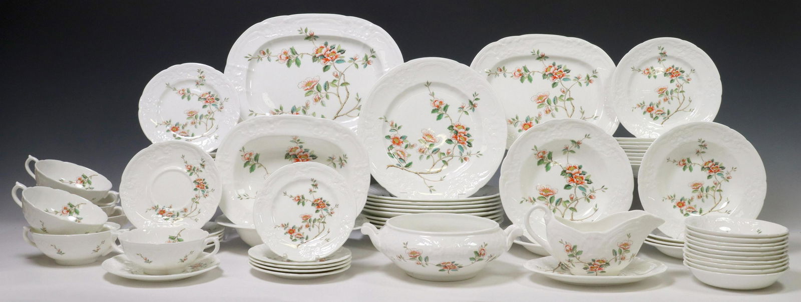 (64) COALPORT SAMARKAND BONE CHINA DINNER SERVICE: (lot of 64) English bone china dinner service, Coalport, in the "Samarkand" pattern, including: (11) dinner plates, 10 7/8"diam, (9) salad plates, 8 1/8"diam, (4) dessert plates, 7.25"diam, (5) bread