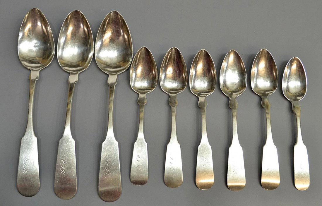 COIN SILVER SPOONS, OWEN & WRIGHT, HAYDEN & GREGG: (lot of 9) Coin silver service spoons, including: (3) large service spoons, rounded end engraved with triple monogram, stamped Owen & Wright on the reverse, 8.75"l; (5) teaspoons, engraved monogram an