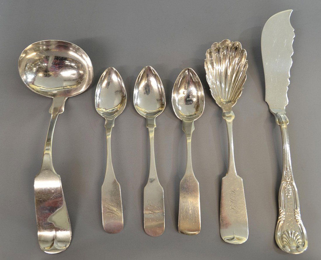 AMERICAN COIN SILVER FLATWARE, WA WILLIAMS, WwH: (lot of 6) Collection of American coin silver flatware and service articles: (3) early fiddle pattern teaspoons, two monogrammed, stamped W A Williams (William A Williams, Alexandria, Virginia, 1787-1