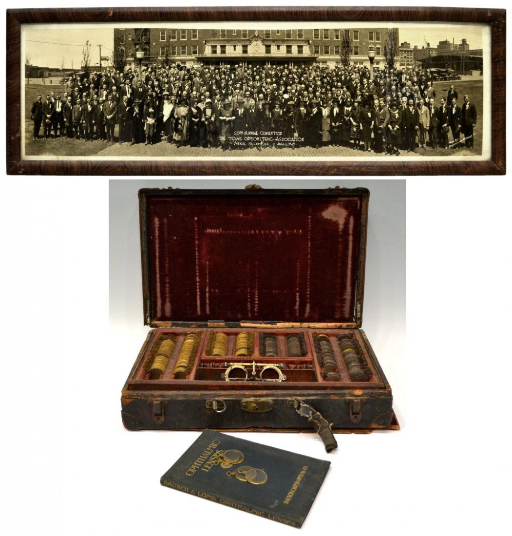 TEXAS OPTOMETRISTS CASE, BOOK, 1922 PHOTO: Optometrists case with lens, test glasses, by F.A. Hardy Company, Chicago, with Bausch & Lomb book "Ophthalmic Lenses", Rochester, N.Y., 1916, together with panoramic framed photo entitled "20th Annua