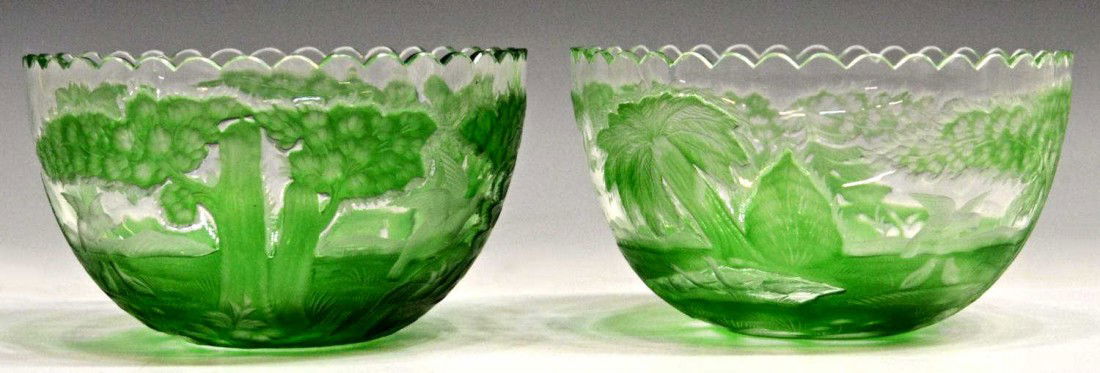 EXTRA FINE CONTINENTAL GREEN CUT TO CLEAR BOWLS: (set of 2) Extra fine etched cut to clear crystal bowls with green overlay, featuring a country side Chateau, foliage and wildlife, scalloped rim, pine cone border running along the base, one scallop