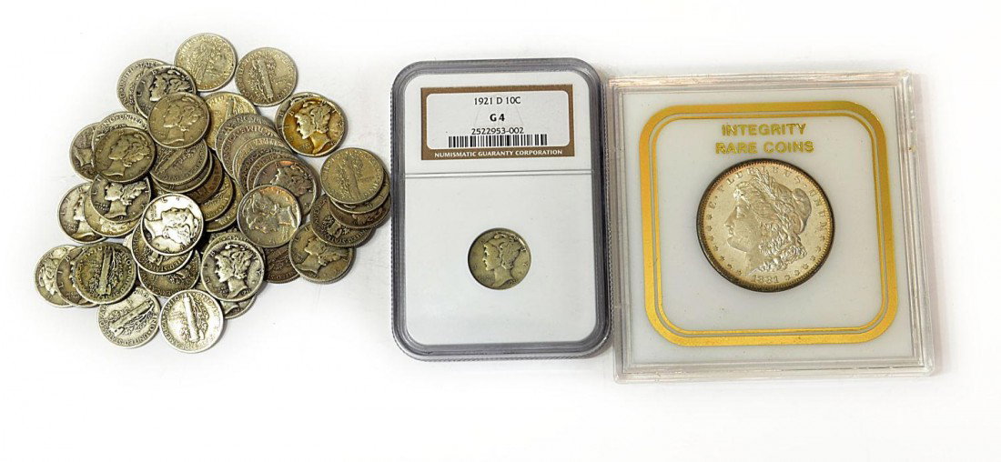 U.S. COINS 1921D DIME, 1881S DOLLAR, 50 MERC DIMES: (lot of 52) American silver coins: (1) 1881 S Morgan silver dollar, appears as uncirculated; (1) Mercury dimes, on 1921 D in NGC case graded G4; (50) Mercury dimes, various dates, all circulated Start