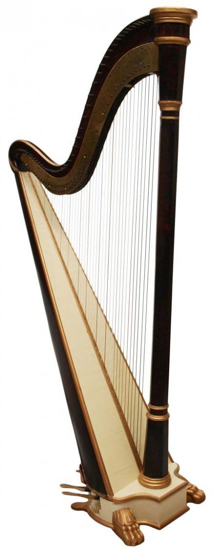 J.F. BROWNE & CO. PEDAL HARP: American double action forty four string eight pedal harp, rosewood frame with gilt trim and white paint, engraved at the neck near the crown "J.F. Browne & Co., Makers, New York, 295 Broadway (John F