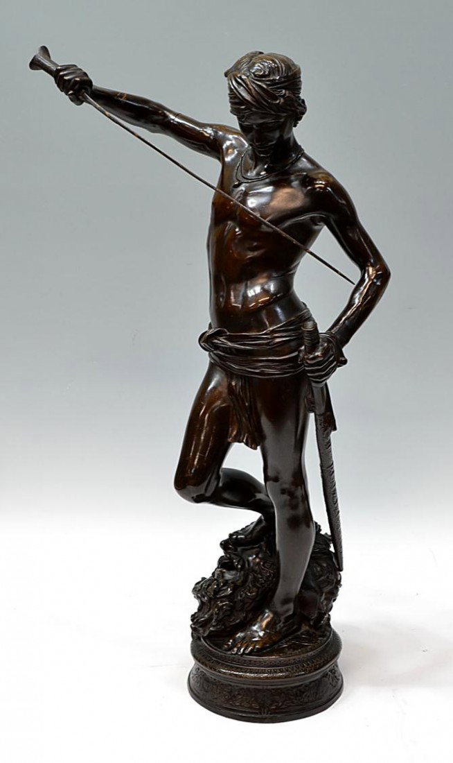 BRONZE "DAVID" AFTER MERCIE, FOUNDRY SIGNED, 28"H: Bronze sculpture, "David", after an1870 work by Antonin Mercie (Marius Jean Antonin Mercié, France,1845-1916), signed at base "F. Barbedienne.Fondeur" with Collas Reduction Seal, stamped "F.F.F." at 