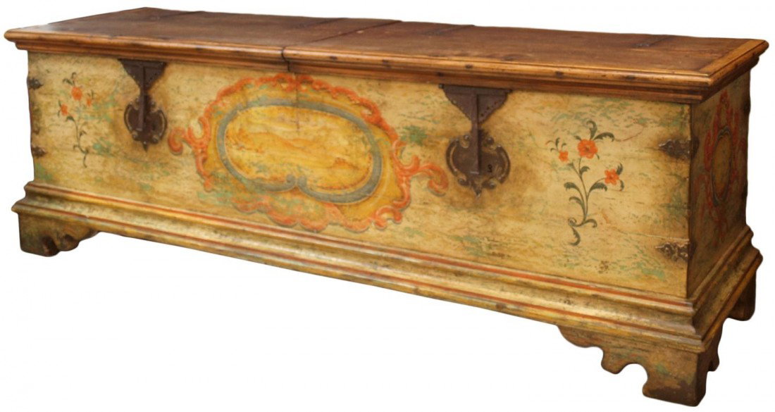 MONUMENTAL PAINTED BRAZIL STORAGE CHEST: Monumental size painted storage chest, Brazil, 20th c., with painted floral and central medallion landscape, in two sections, each with lift top made from reclaimed antique planks and having iron stra