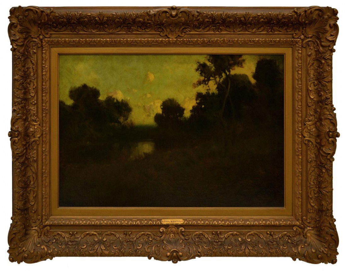 PAINTING: LANDSCAPE, WILLIAM KEITH (1838-1911): Framed oil painting on canvas, Forest and River Landscape, signed lower left W. Keith, SF (William Keith, Scotland, California, 1838-1911), verso tag on period frame: John Levy, High Class Paintings,