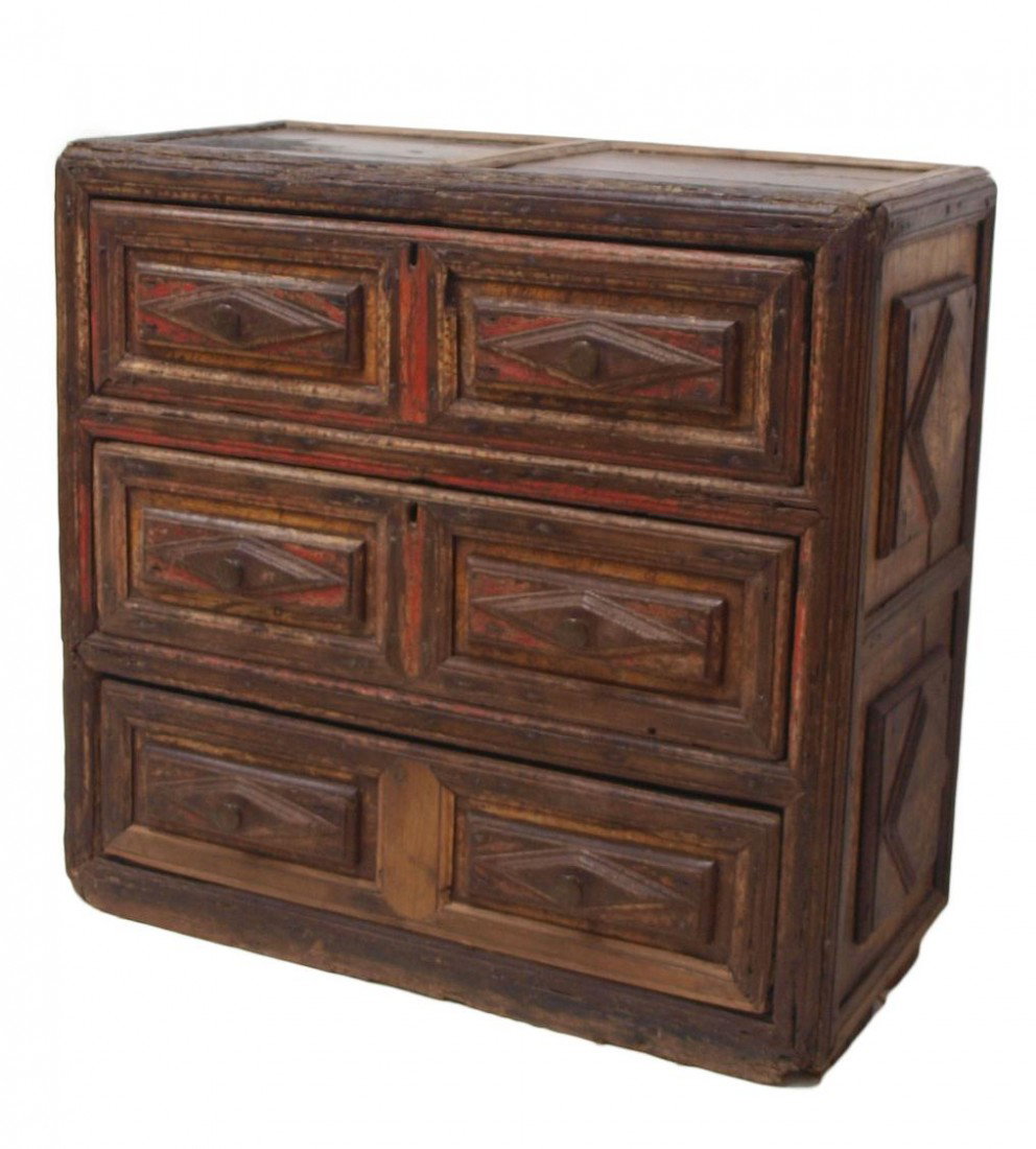 ANTIQUE SPANISH POLYCHROME CHEST, 17TH C.: Spanish three drawer chest, Girona area, Spain, 17th c., rectangular case retaining remnants of polychrome decoration, geometric designs at sides and drawers, one drawer with restoration, expected los