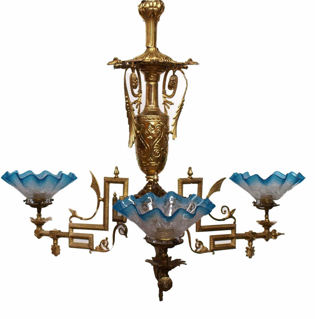 VICTORIAN GILT METAL & ART GLASS SHADE CHANDELIER: Fine Victorian gilt metal three-light chandelier, Spain, originally gas now converted to European wiring, arms in a Greek key and foliate pattern, etched shades in clear to blue, approx 26"l Start Pri