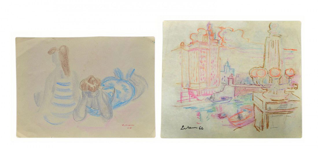 (2) ORIGINAL PAINTINGS, GUSTAV LIKAN (1912-1998): (lot of 2) Original paintings on by paper by Gustav Likan (Yugoslavia, Illinois, Texas, 1912-1998), both with title and description sheets signed and dated 1990 by Likan: (1) "In Blue",1960, pastel on