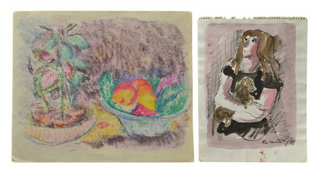 (2) ORIGINAL PAINTINGS, GUSTAV LIKAN (1912-1998): (lot of 2) Original paintings on paper signed, dated Gustav Likan (Yugoslavia, Illinois, Texas, 1912-1998), both with title and description sheets signed and dated 1990 by Likan: (1) "Still Life", 196