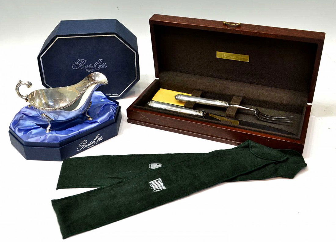 CHRISTOFLE SILVER PLATE SET & BARKER ELLIS GRAVY: (lot of 3) A very fine two-piece cased Christofle, Paris, silver plate carving set, retailed by Gumps and retaining covers, comprising (1) fork, 10.75"l and (1) knife, 12.75"l, wood presentation box b
