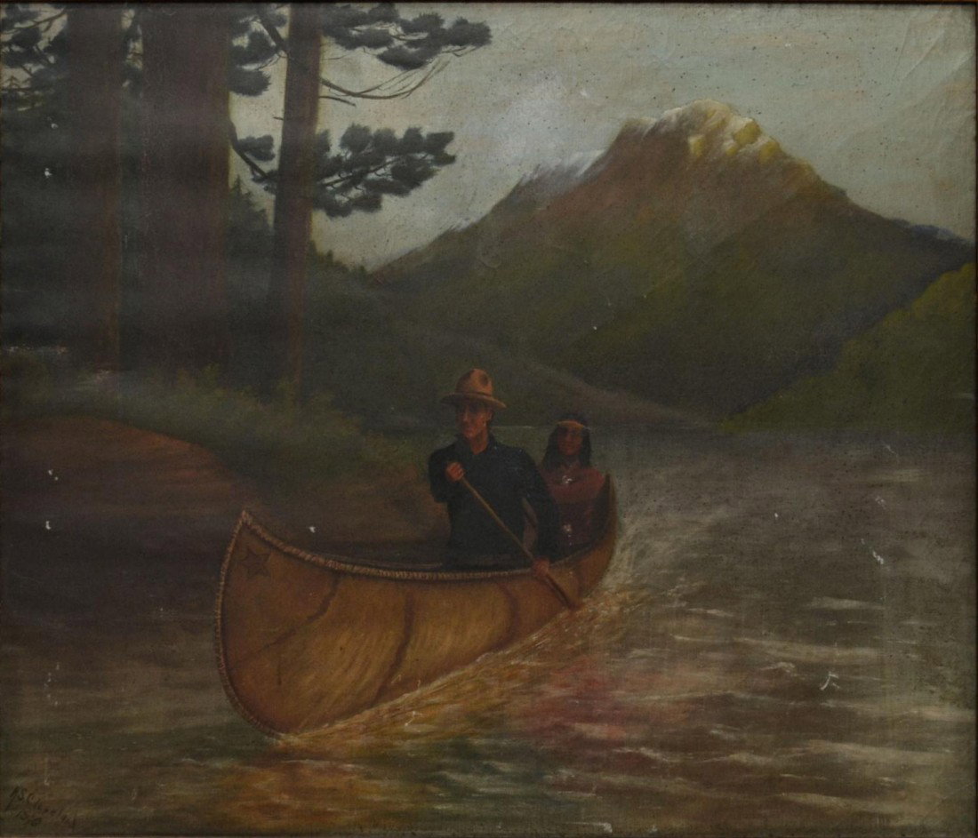PAINTING: H.S. CLEVELAND, 1916, CANOE, INDIAN: Framed oil painting on canvas laid on board, Hunter & Indian in Canoe, signed, dated lower left H.S. Cleveland, 1916, sight: 30.25"h, 36"w, overall: 36.5"h, 42.25"w, 9lbs Start Price: $200.00