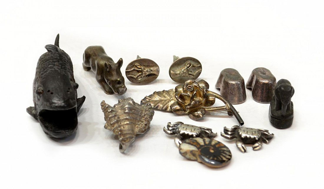 STERLING CUFF LINKS & ASIAN MINIATURE ITEMS: (lot of12) Asian and other miniature items comprising a detailed carved wood model of a fish, (pair) silver crabs, (pair) miniature Chinese pillow models, marked as pictured, (pair) Birmingham sterlin