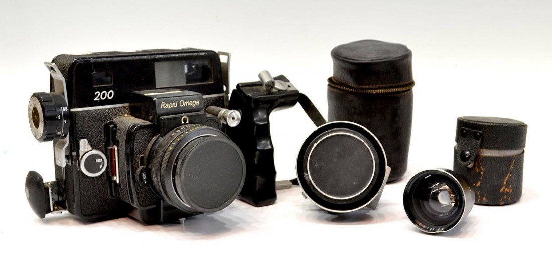 RAPID OMEGA 200 CAMERA & SECOND LENS: Omega camera equipment: Rapid Omega 200 camera with installed Super Omega 1:3.5 f=90mm lens, second Koni-Omega 1:5.6 f=60mm lens, Koni-Omega view finder, total: 6.5lbs Start Price: $80.00