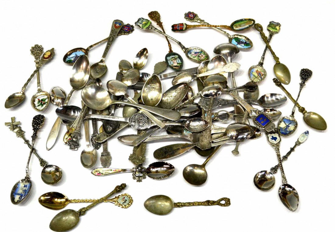 VINTAGE SILVER PLATE & ENAMEL COLLECTORS SPOONS: (lot) Huge collection of silver plate collector's spoons, several having finely enameled bowls with various scenes and portraits, Dutch examples, San Antonio Worlds Fair 1968, Rolex Bucherer Watches,