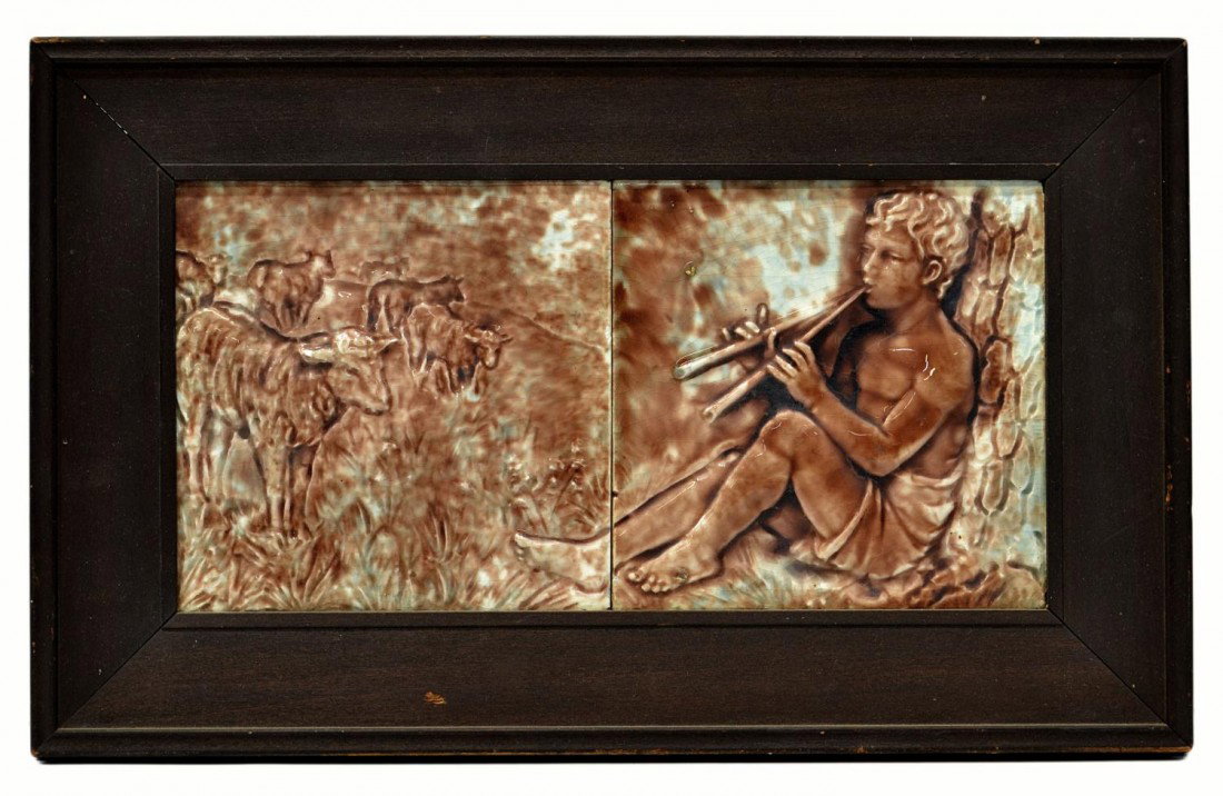 FRAMED MAJOLICA TILES, SHEPHERD, ATTRIB TRENT TILE: Framed majolica tiles, likely William Wood Gallimore, Trent Tile Company, green and brown modeled glaze on two tiles molded to depict a sheep herder playing music to his flock, unmarked, sight: 6"h, 1